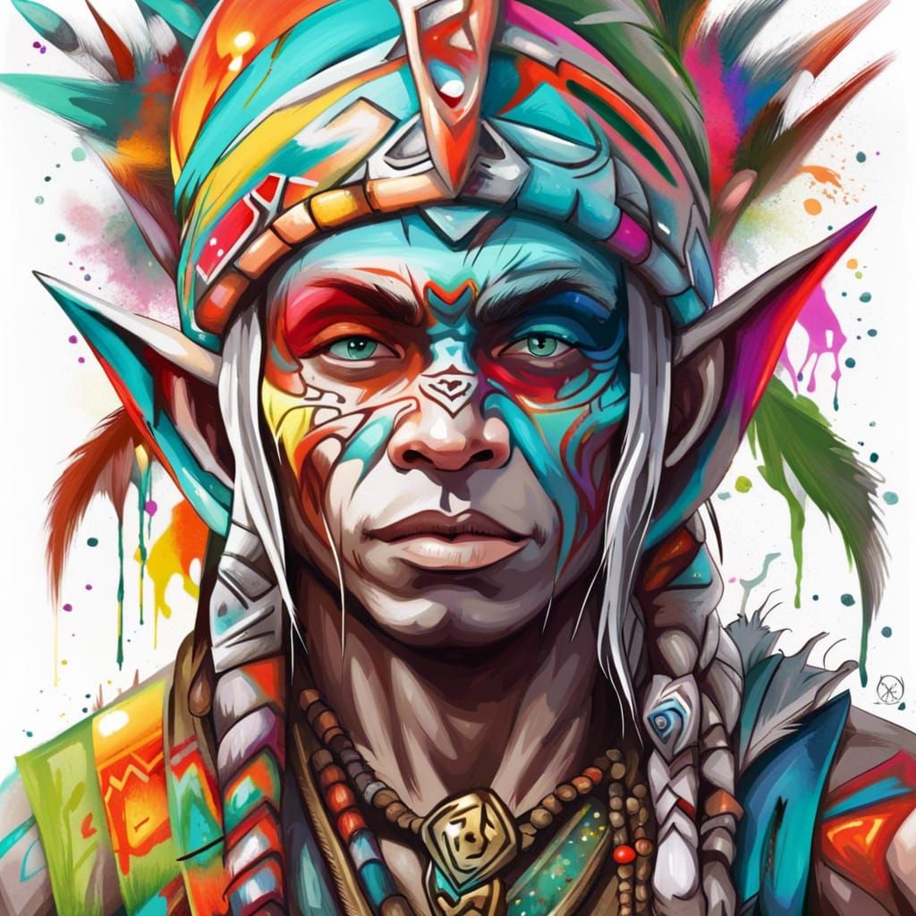 Vectorized Tribal Elf in Graffiti Splash Art Style