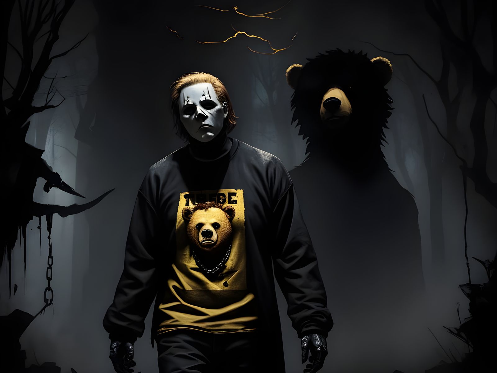 Michael Myers Holding Adorable Stuffed Bear with Gold Chain