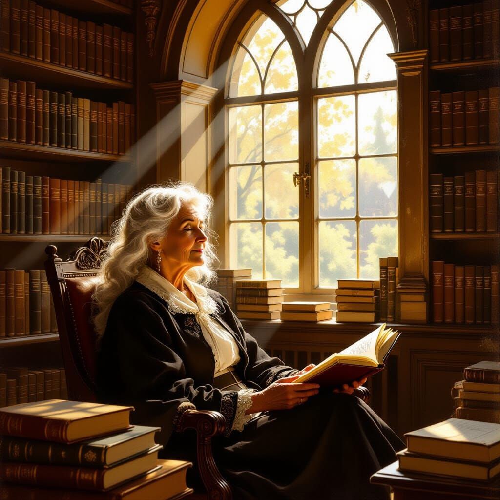 Wisdom in Light: Elderly Woman in Sunlit Library