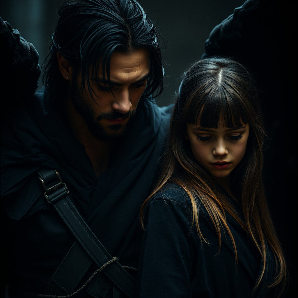 Cinematic Black Angel Protects Girl: Gritty Film Still