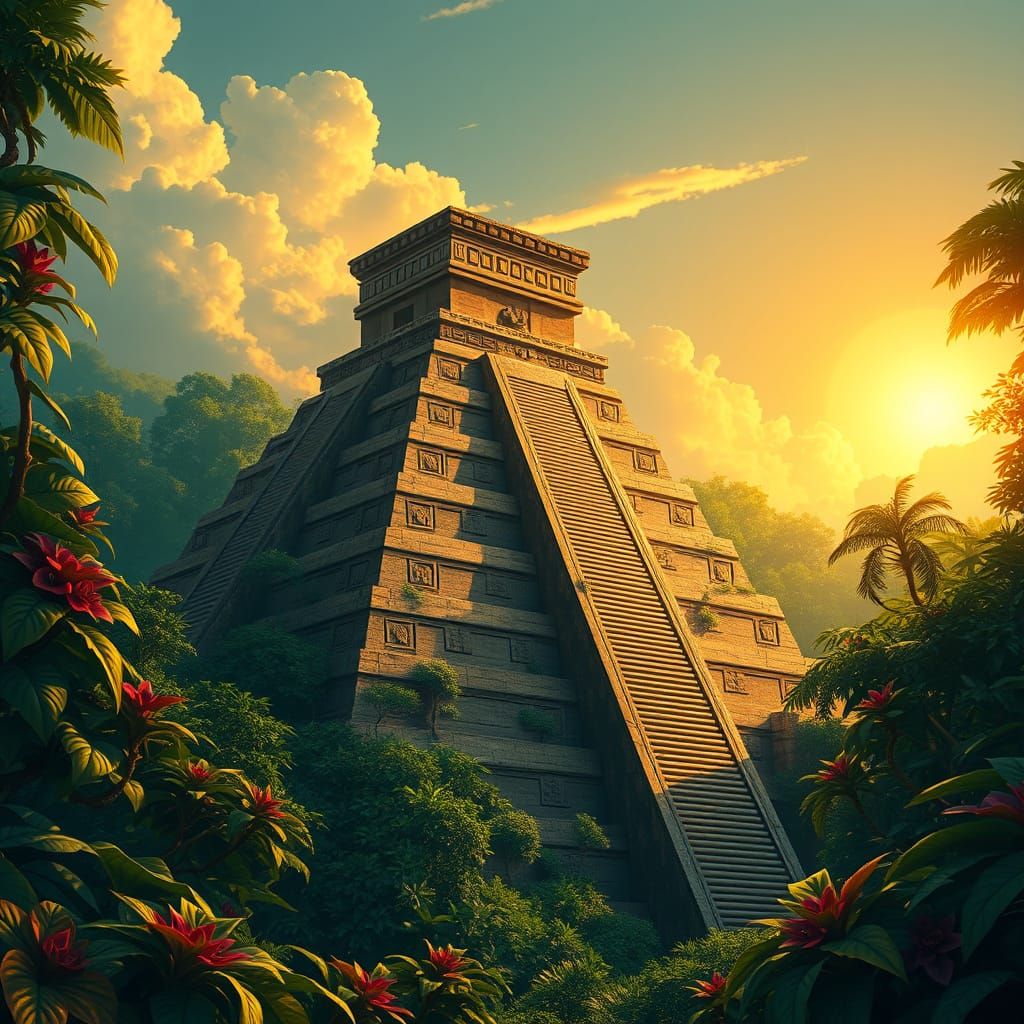 Ancient Aztec Pyramid Emerges from Emerald Jungle in Vibrant...