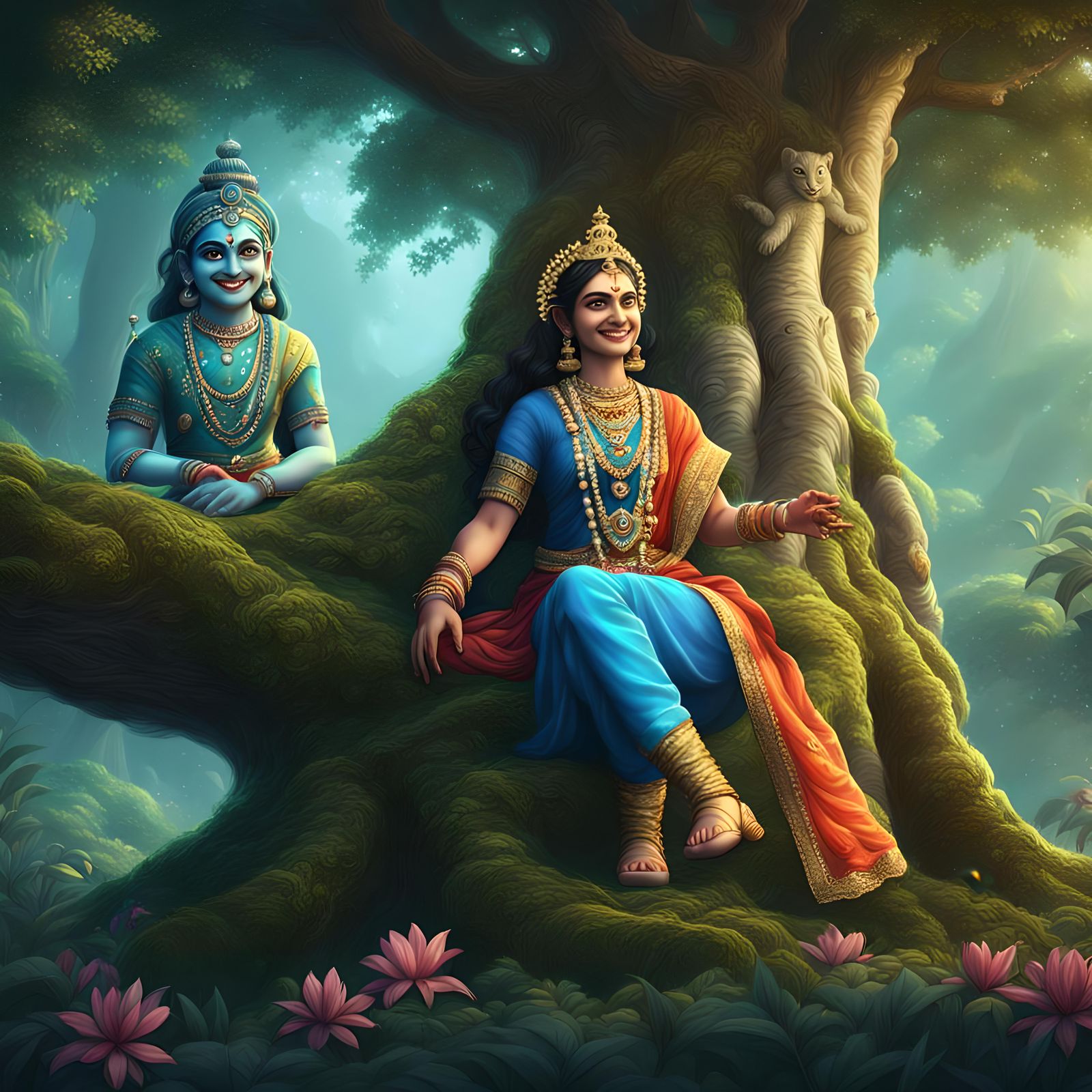 Radha Smiling in Forest: Detailed Matte Painting