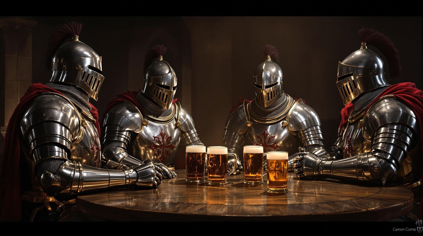 Medieval Knights Enjoy a Round of Beer in a Historic Setting