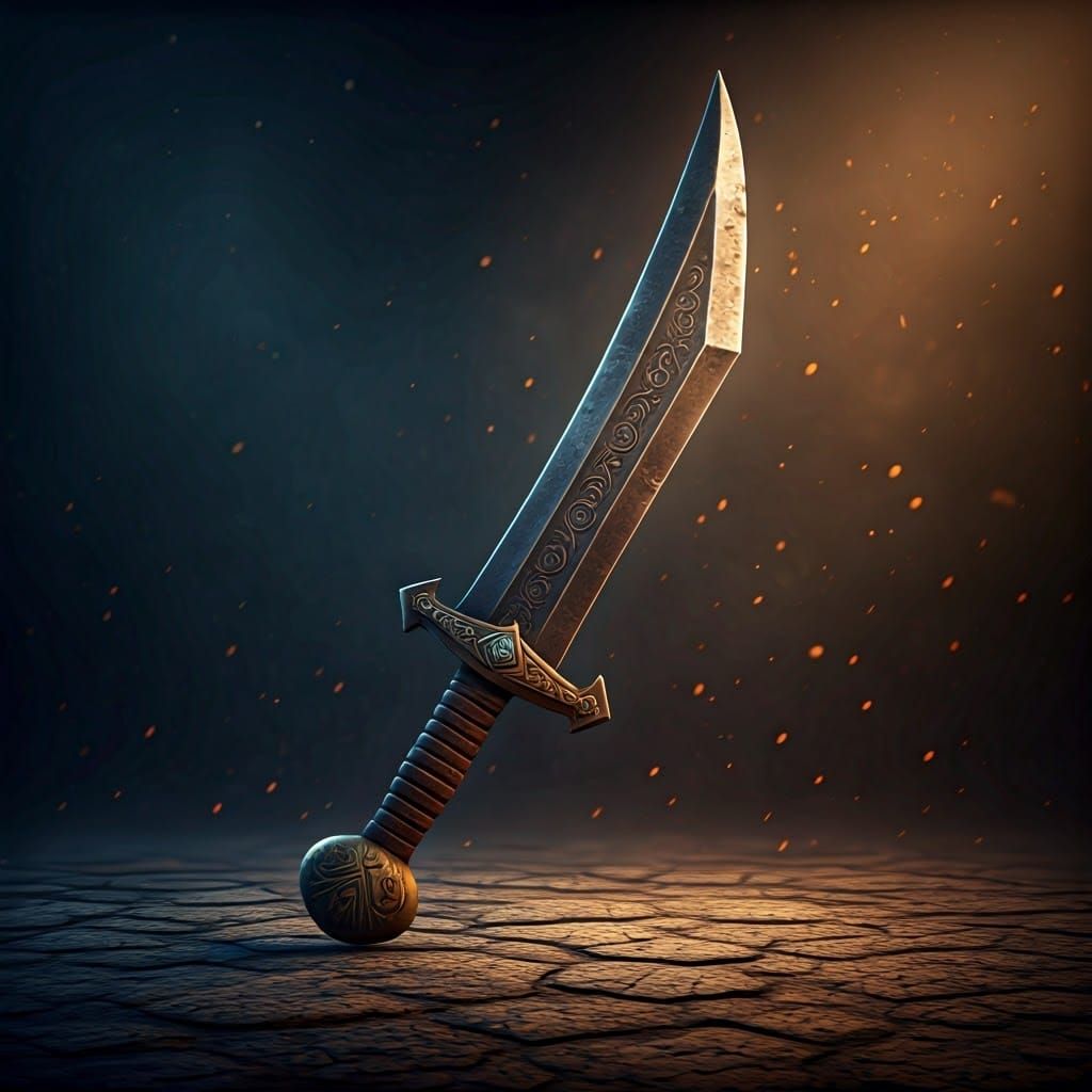 Ancient, Curved Iron Sword Set Against Mysterious Landscape