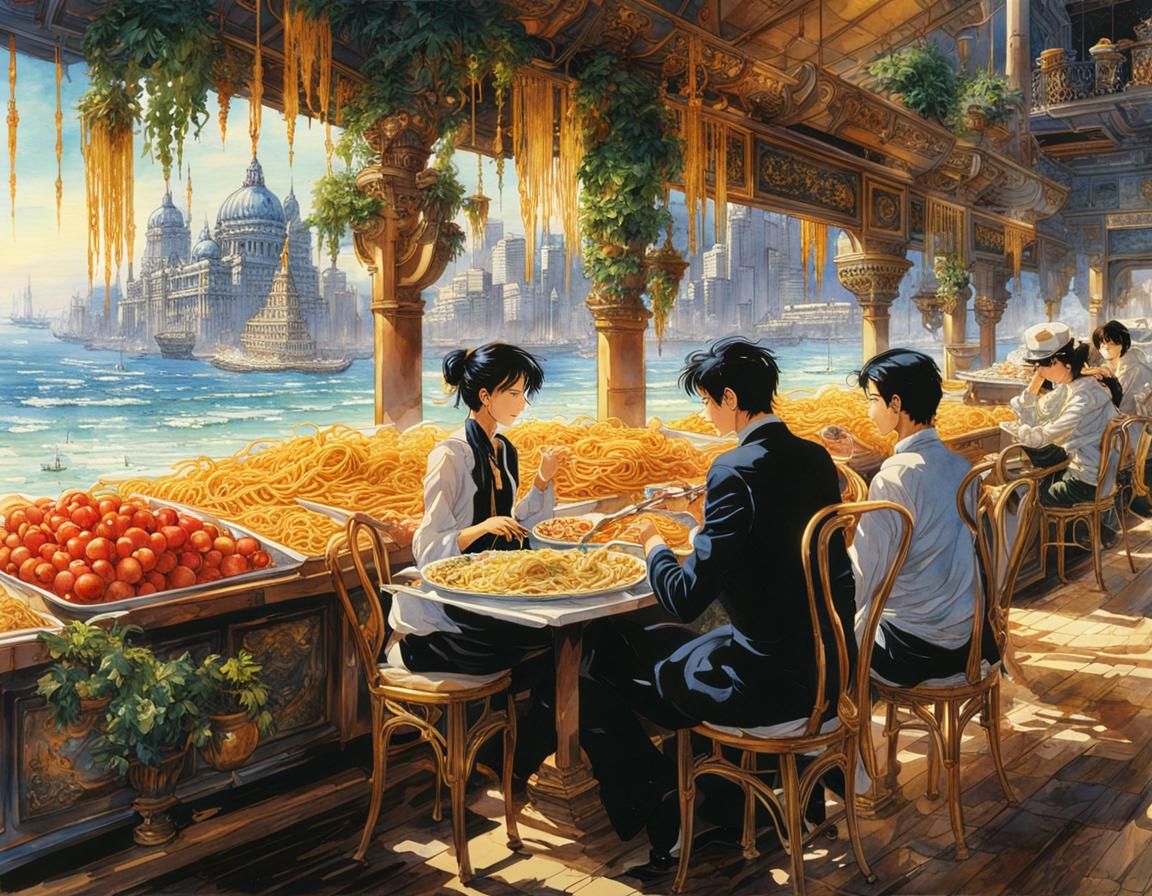 Couple Enjoying Pasta: Watercolor Concept Art