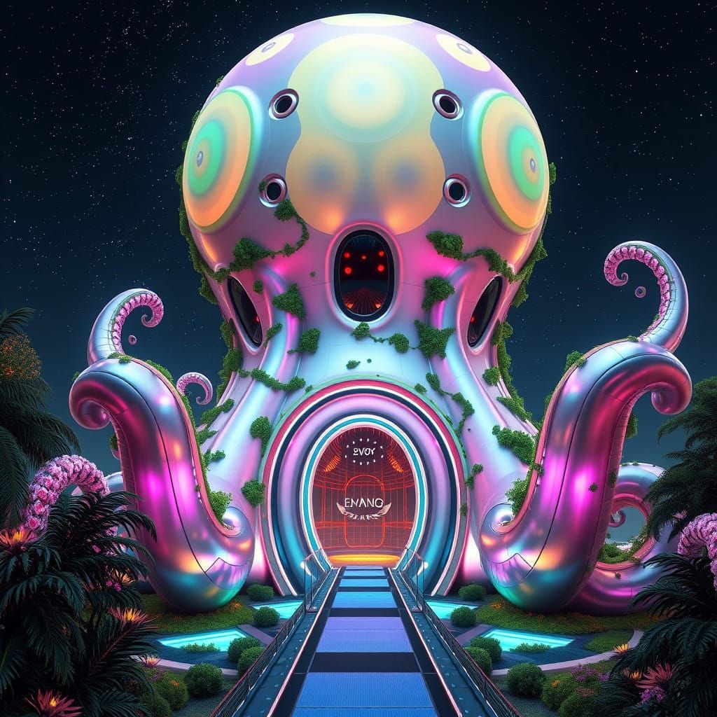 Surreal, Iridescent Octopus-Shaped Building with Lush Greene...