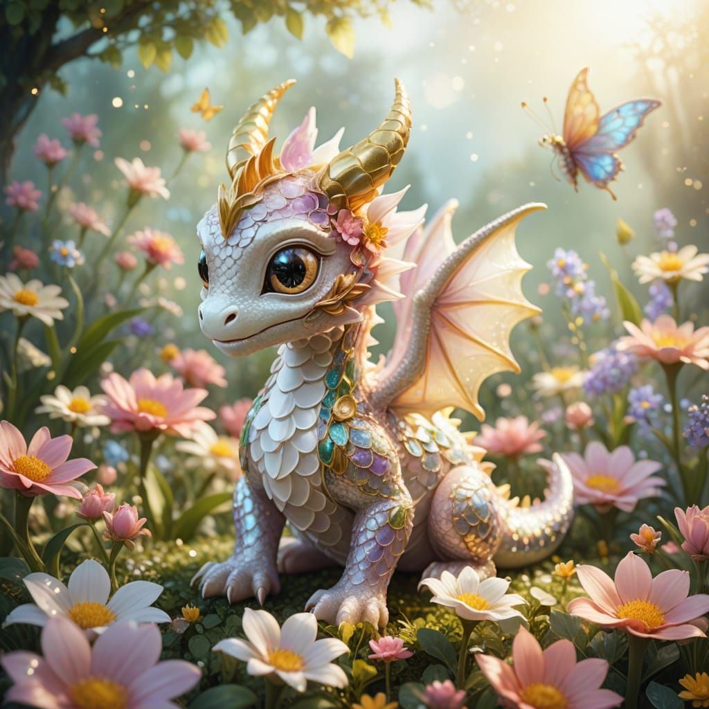 Lacey Baby Dragon in Flower Garden, Anime Style
