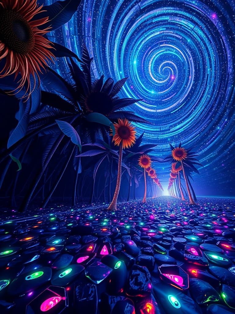 Infinite Space Mosaic: Bioluminescent Honeycomb Rainbow