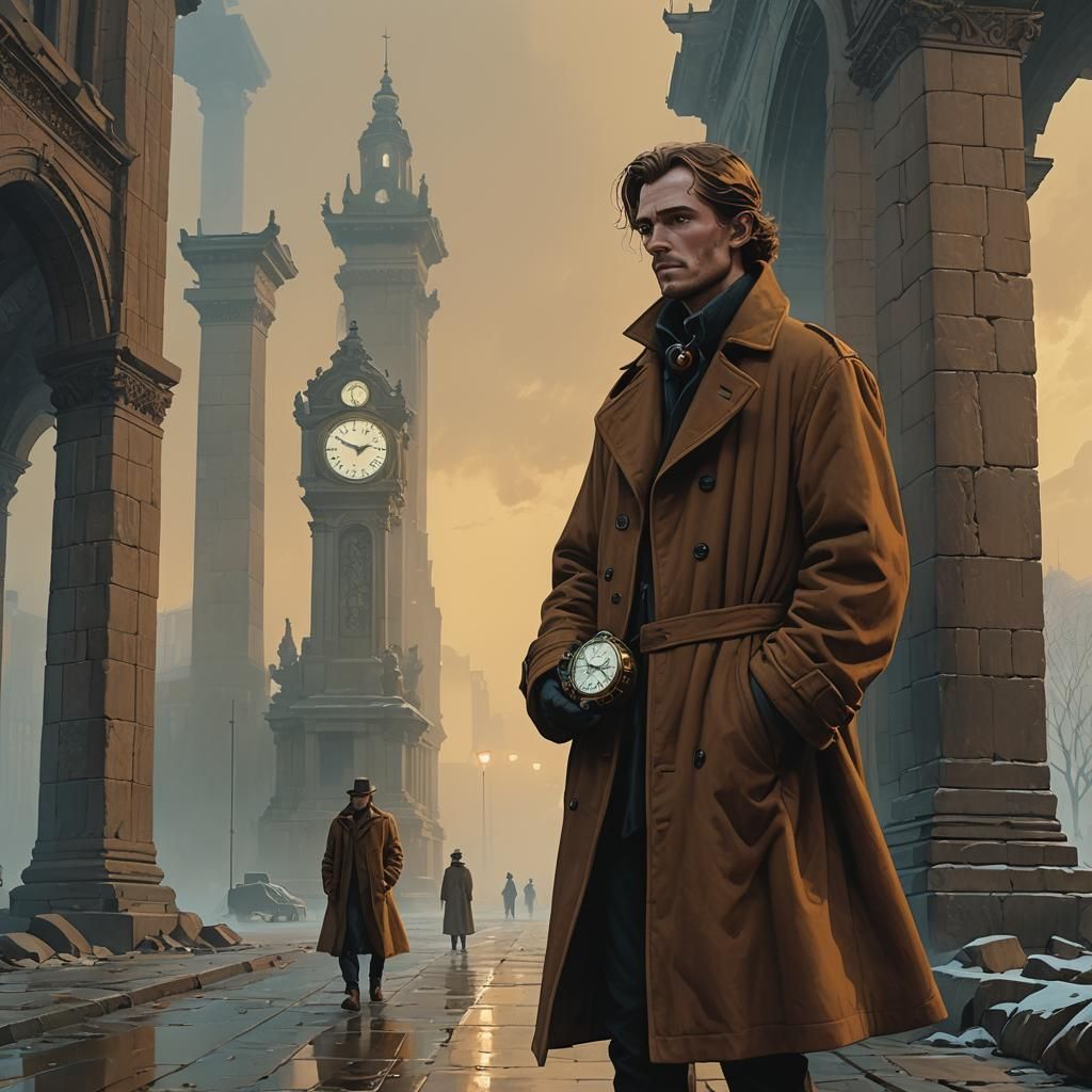 Ornate Timepiece in Dramatic Setting, Inspired by Stalenhag