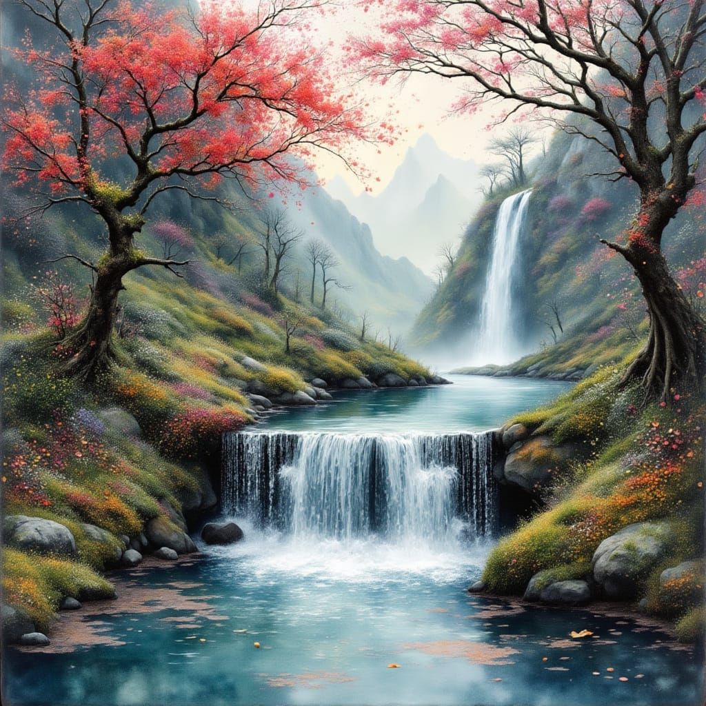 Ethereal Waterfalls and Cherry Trees in Watercolor