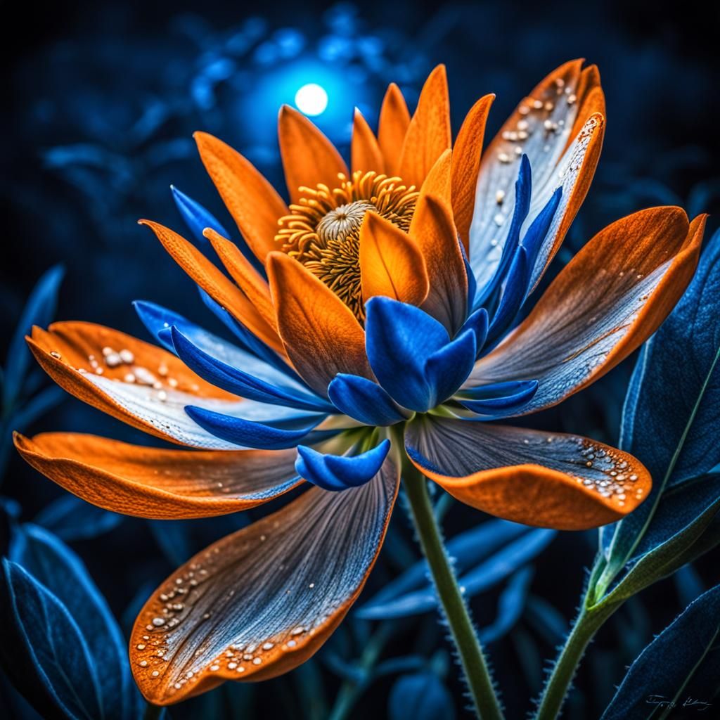 Blue Flower Under an Orange Moon: Hyperrealistic Image