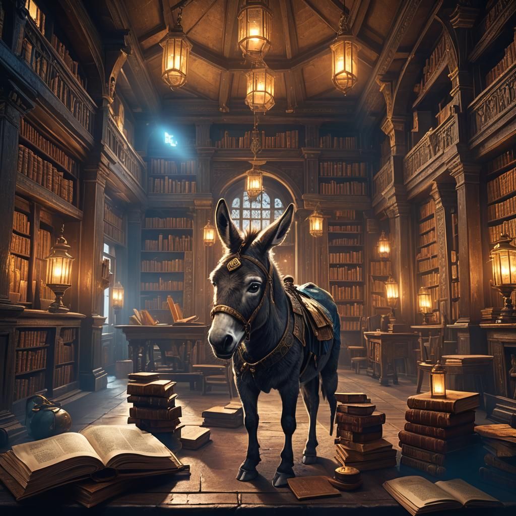 Donkey Studying in Ancient Fantasy Library