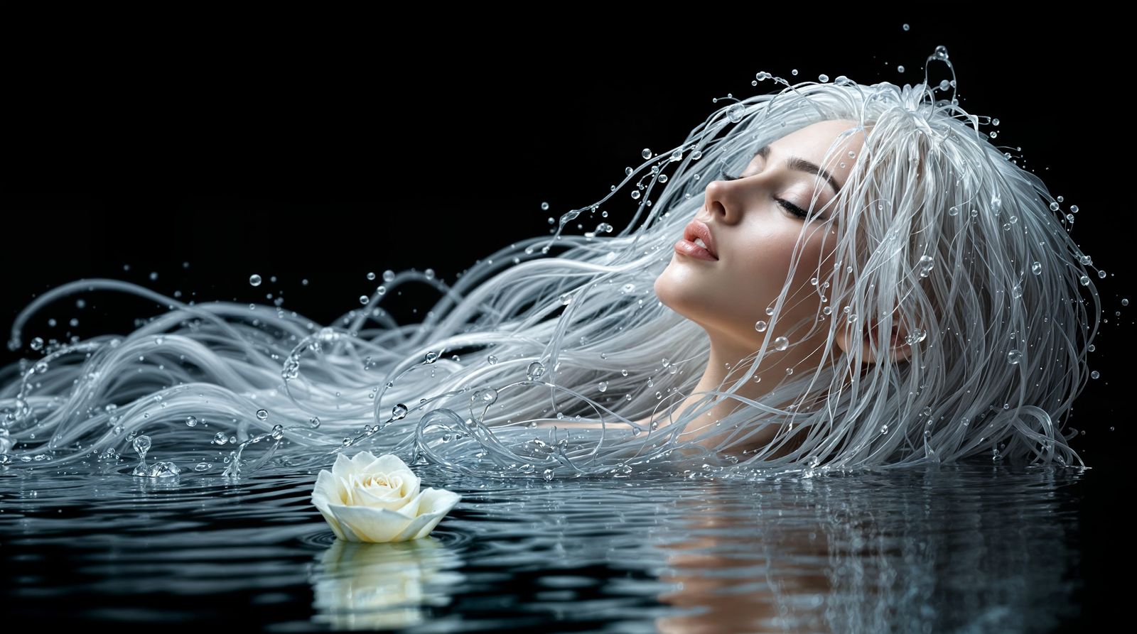 Digital Art Portrait of Woman with Water Hair in Serene Land...