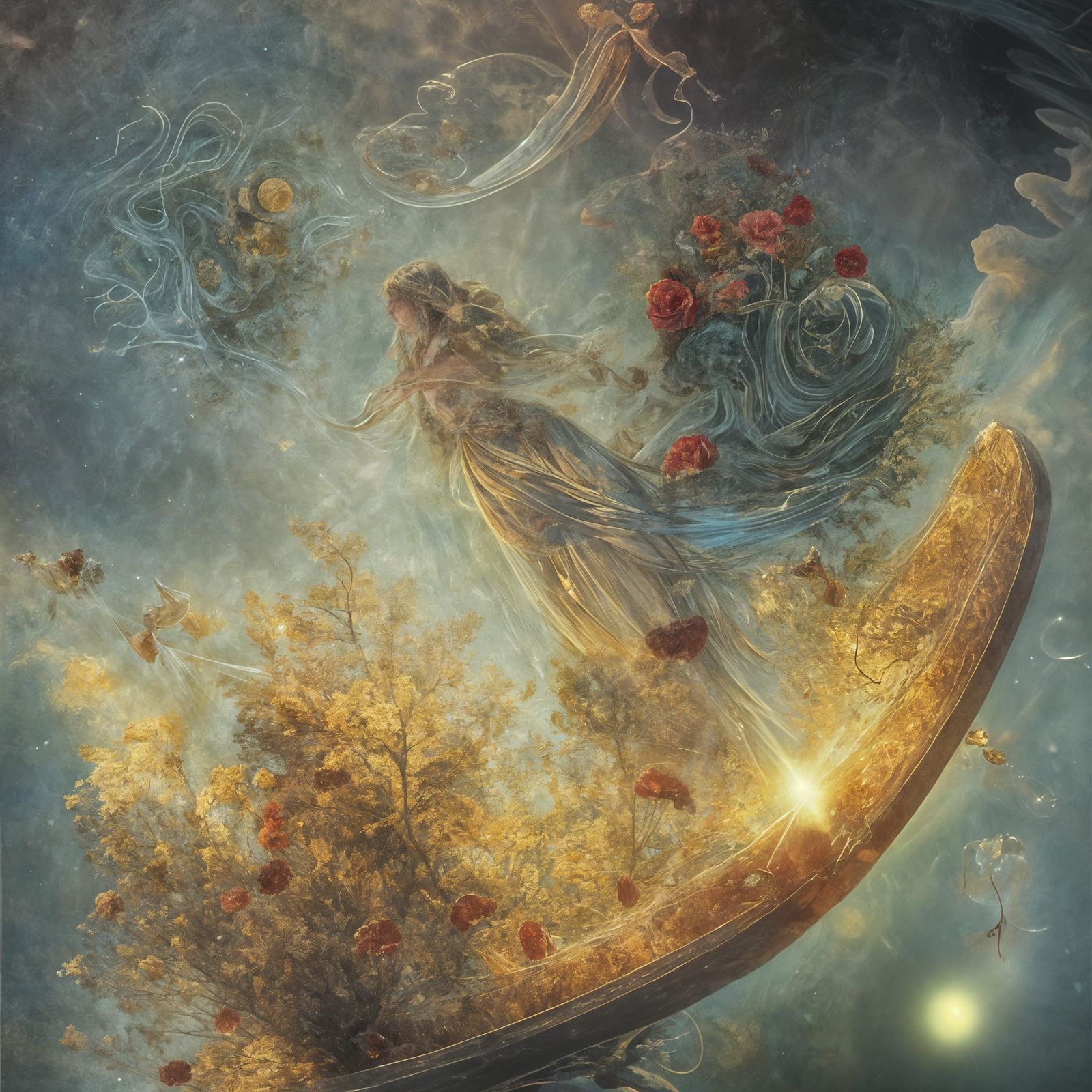 Golden Boat on Rose Sea in Surreal Style