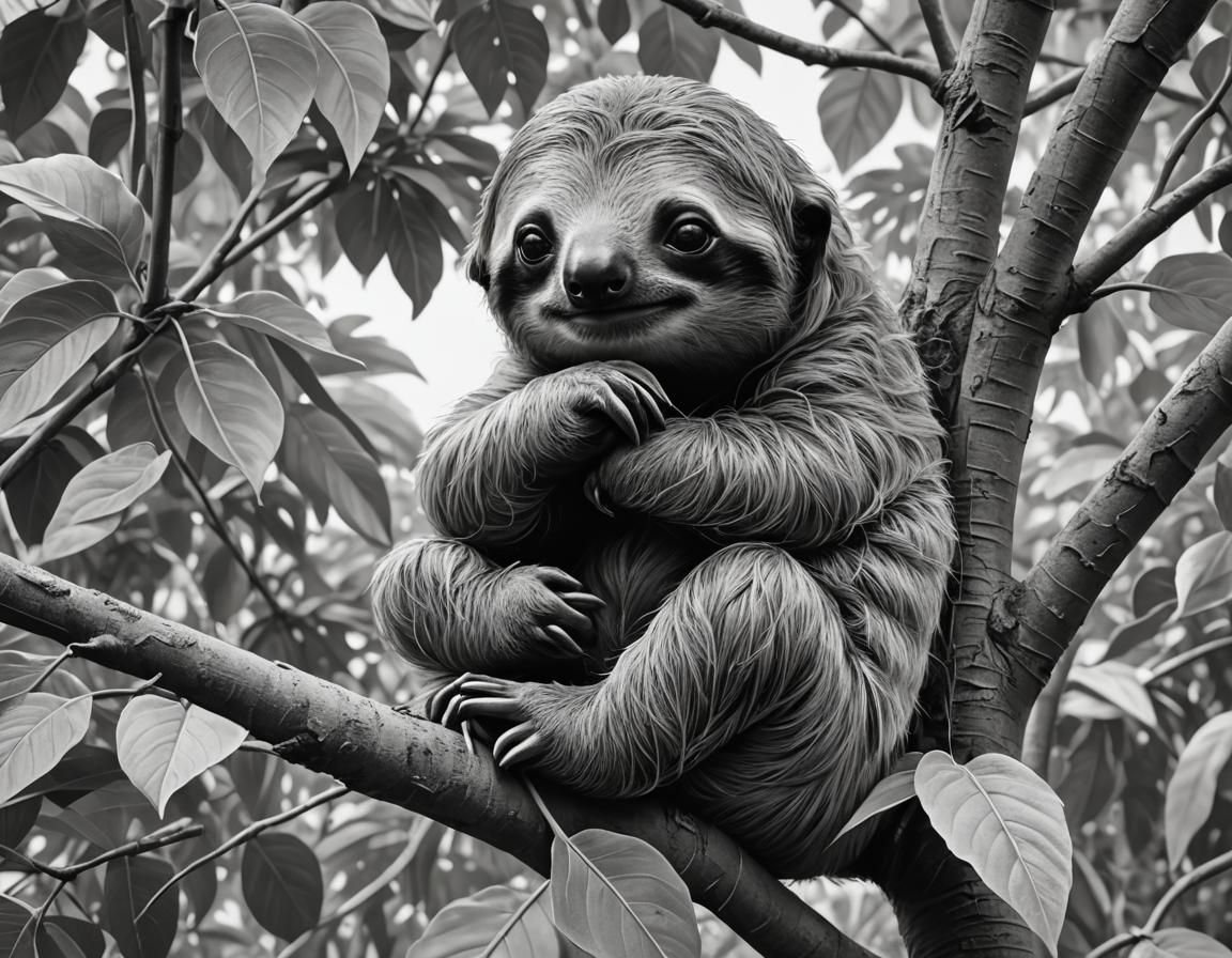 Monochrome Baby Sloth Eating Leaf in Tree