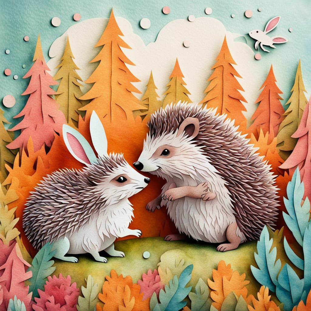 Hedgehog and Rabbit: Whimsical Paper Cutout Illustration