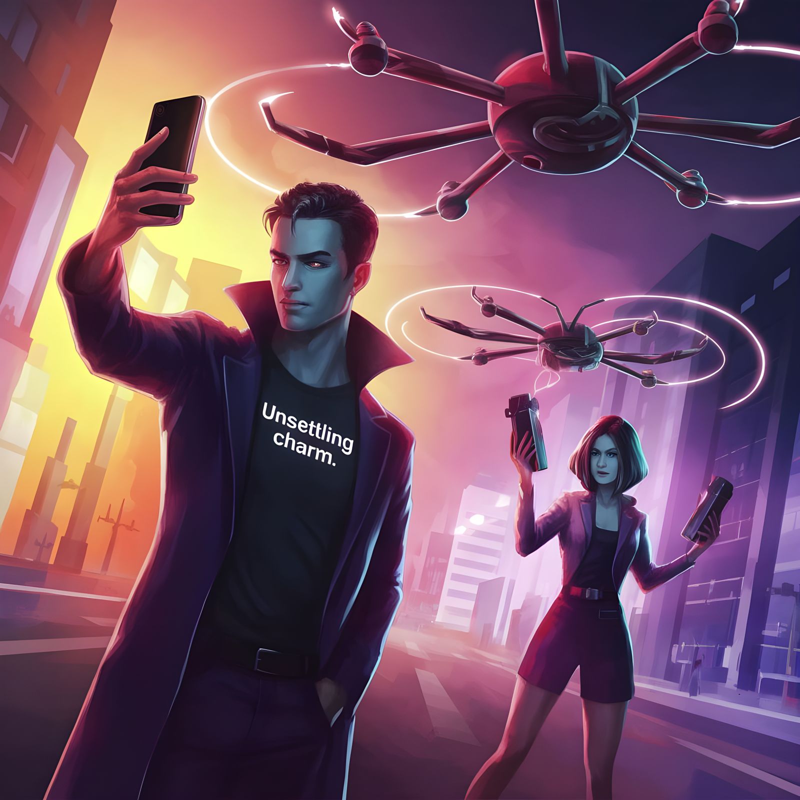 Vampire Influencer Captured in Neon Cityscape