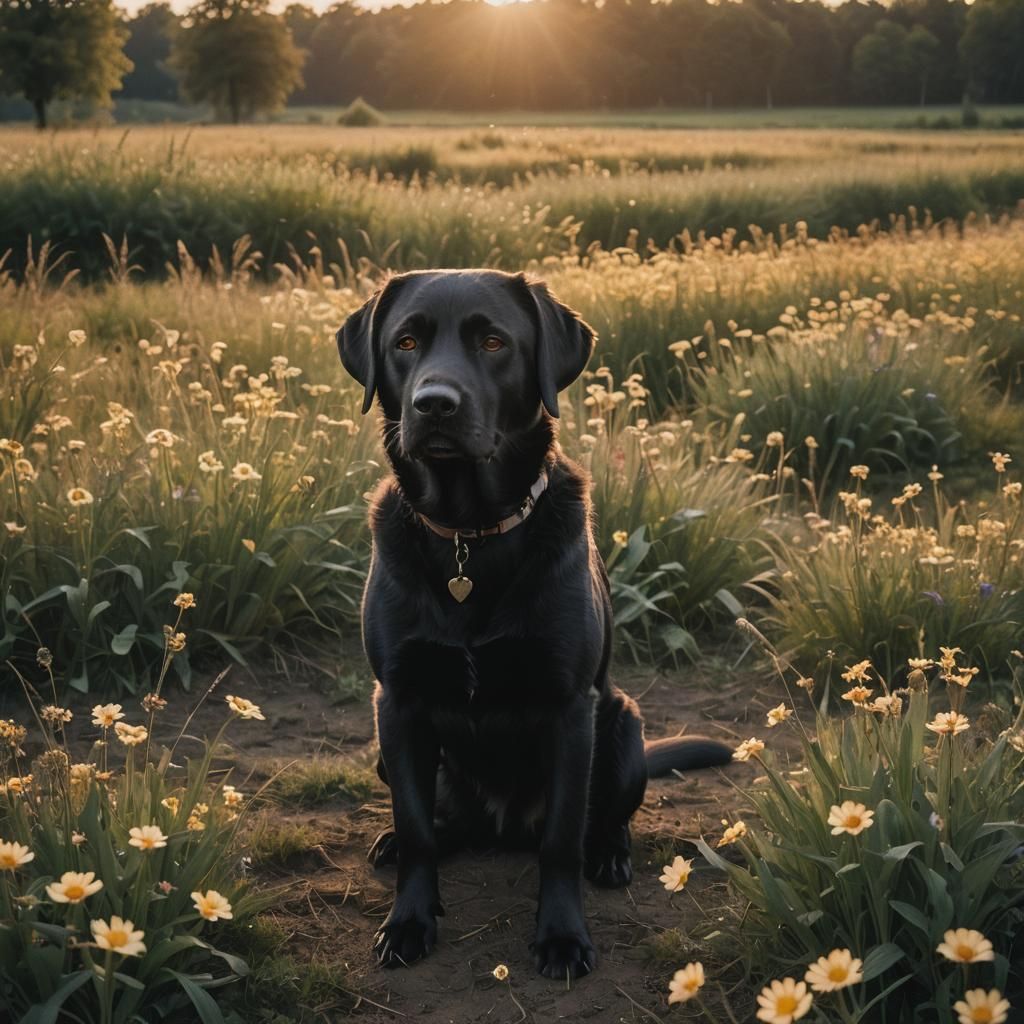 Black Labrador in Field at Sunset: Photorealistic