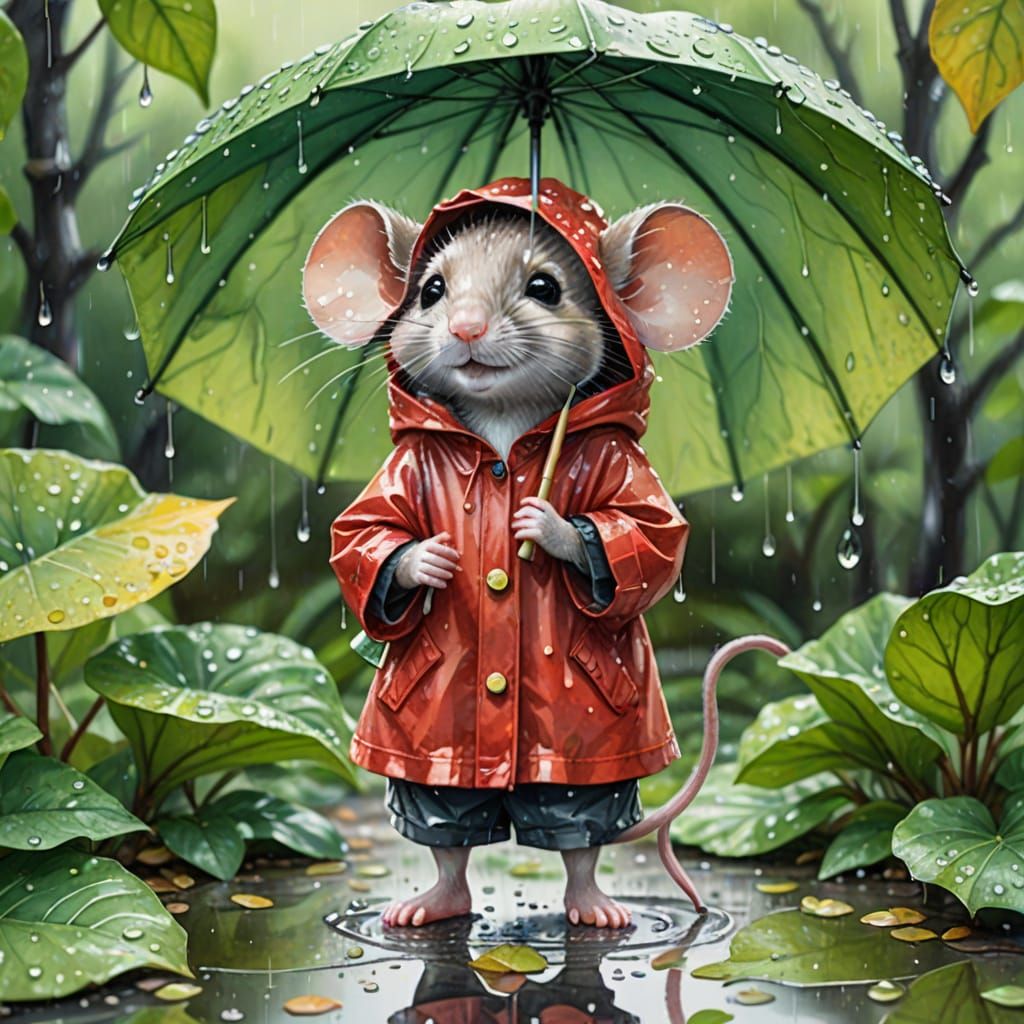 Mouse in Raincoat with Leaf Umbrella, Watercolor Style