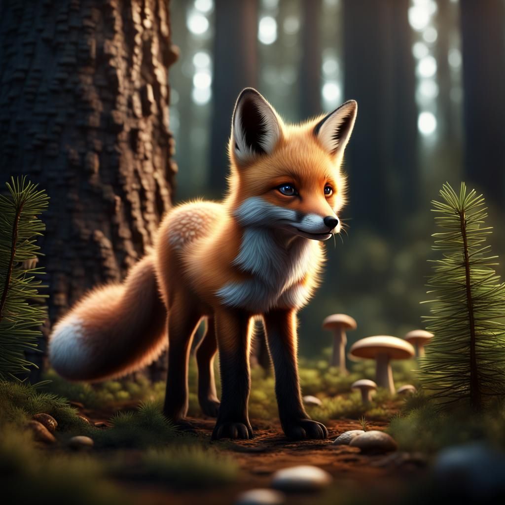 Fox Pup in Pine Forest: Detailed Matte Painting