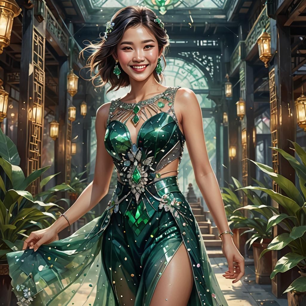 Asian Woman in Glass Dress, Watercolor Style