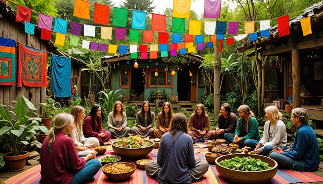 Vibrant Hippie Utopia with Eco-Friendly Greenhouses and Arti...