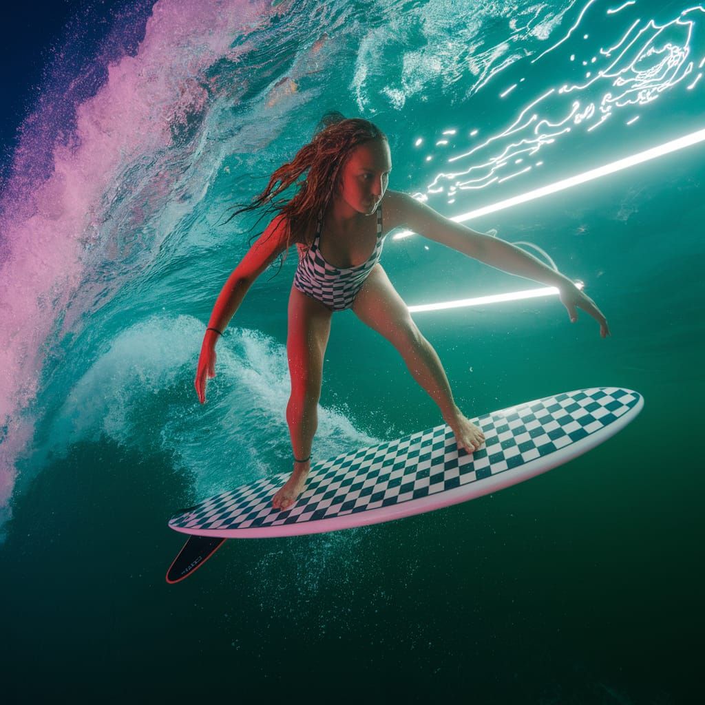 Neon Surf Goddess Rides Checkerboard Wave
