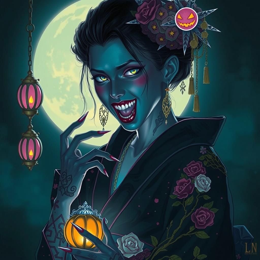 Dark Vampire Geisha in Ornate Kimono: Digital Masterpiece