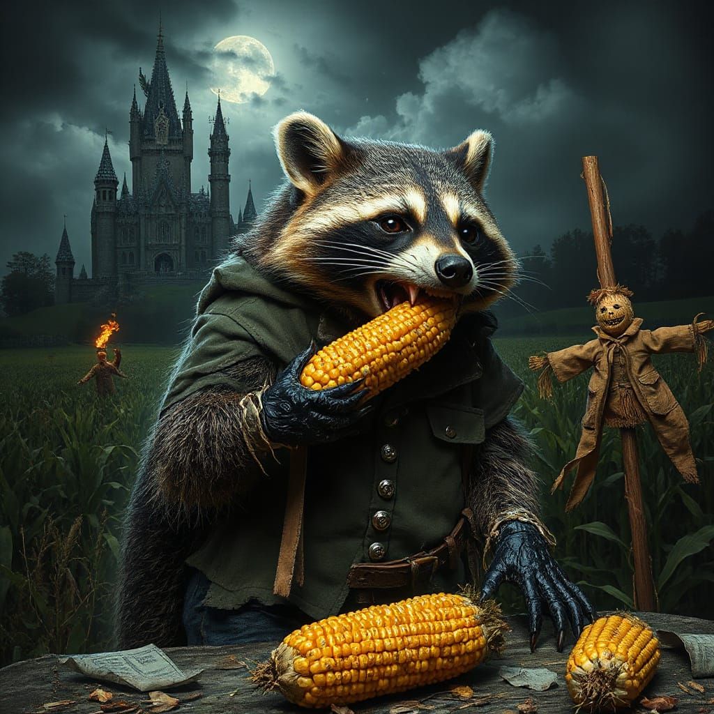Raccoon-stein Monster Devouring Corn on Stormy Night