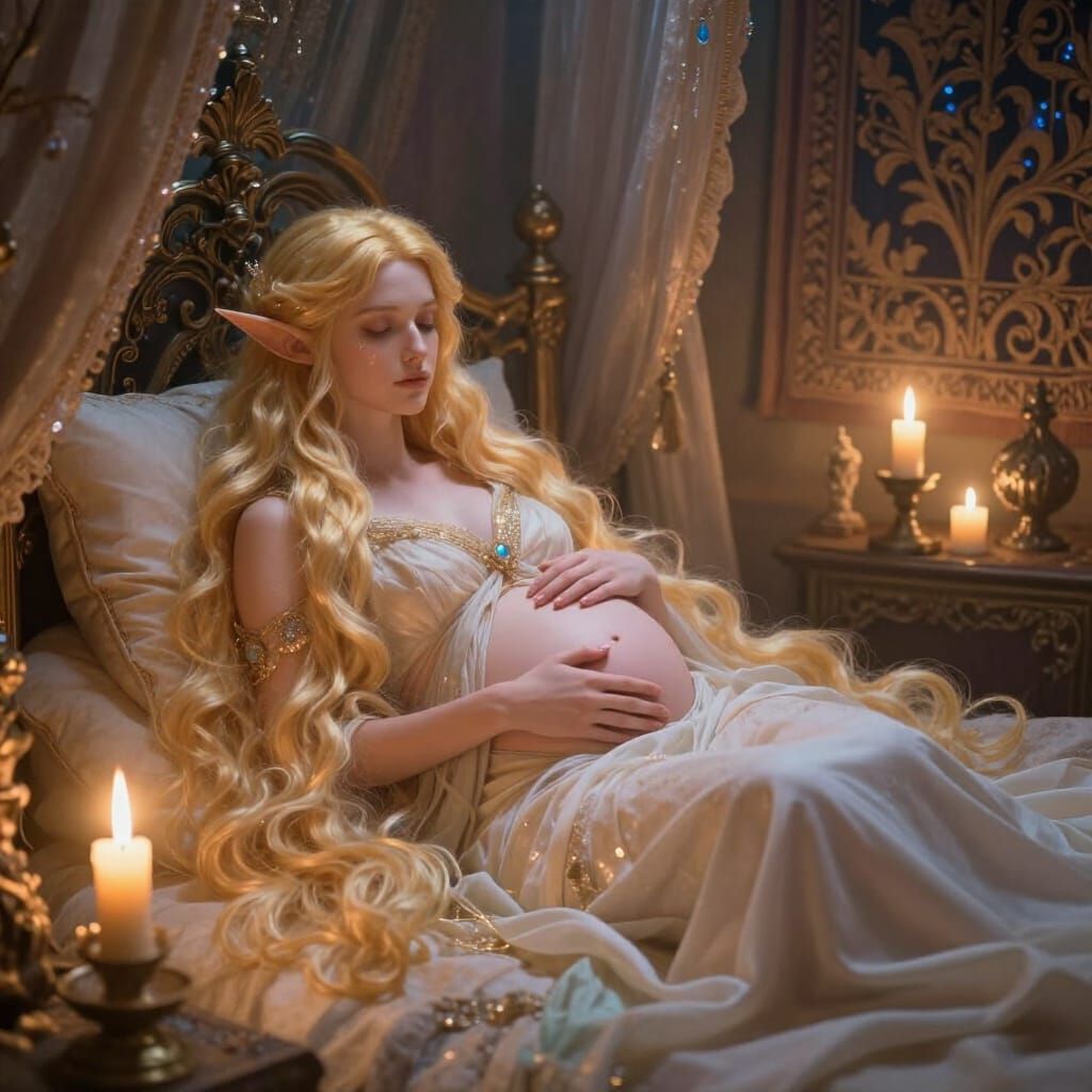 Ethereal Elf Mother Gives Birth in Magical Chamber