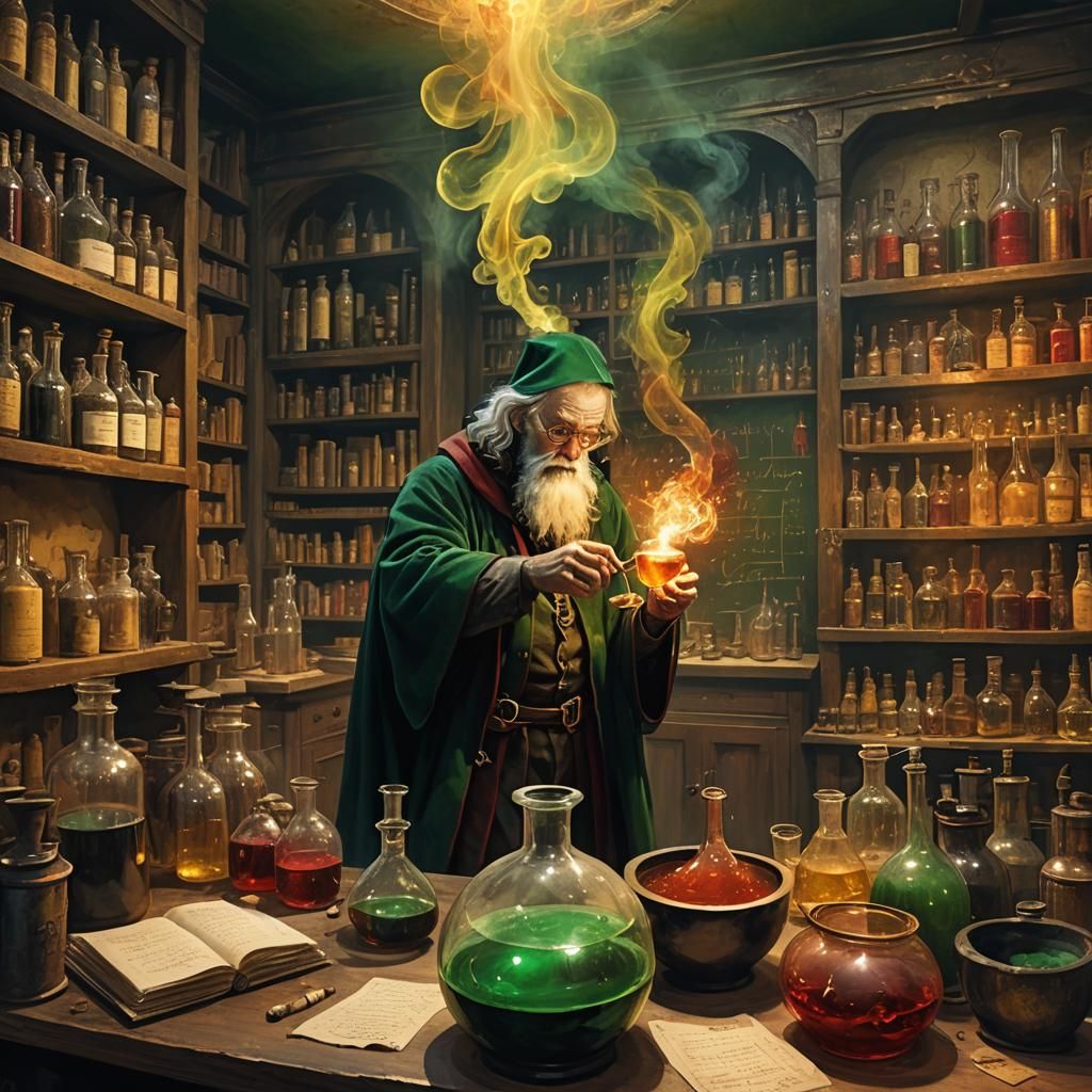Alchemist's Dark Laboratory in Pointillism Style