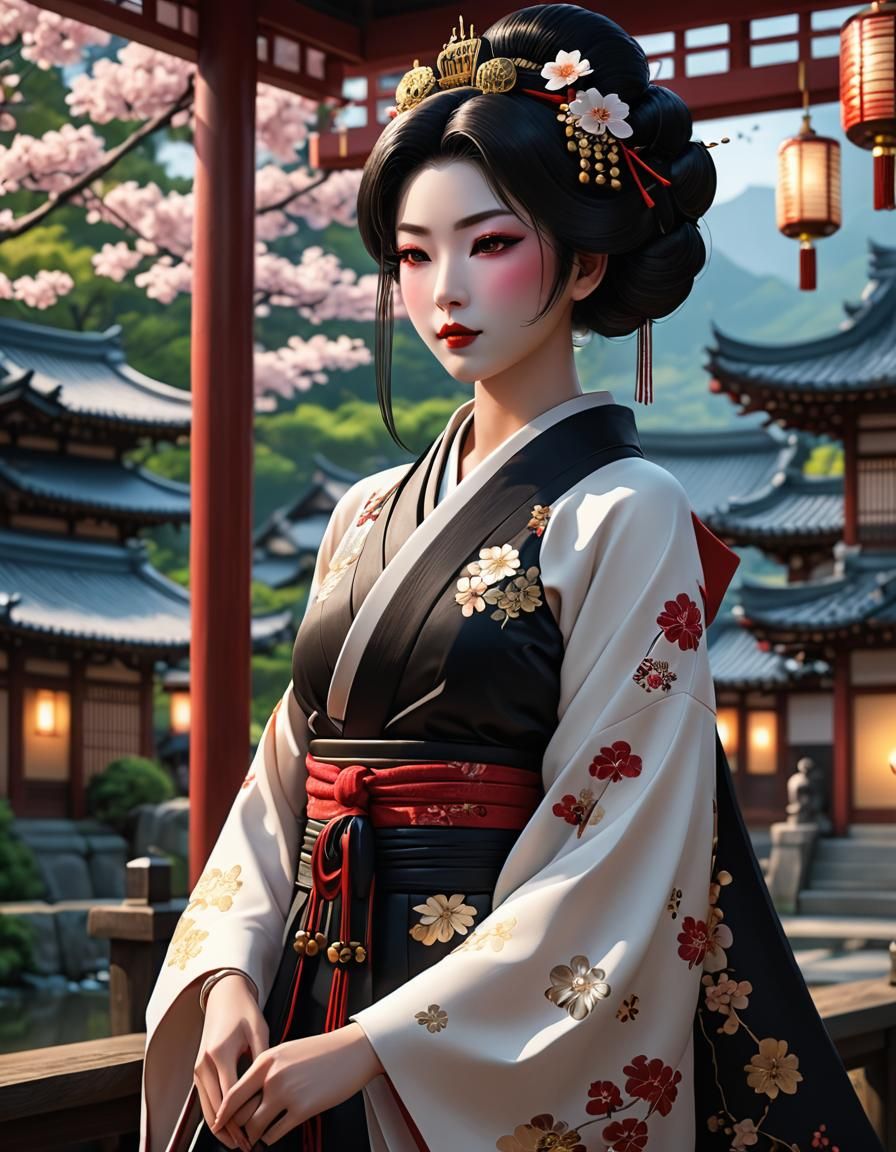 Black Geisha in Hikizuri: 3D Anime Art
