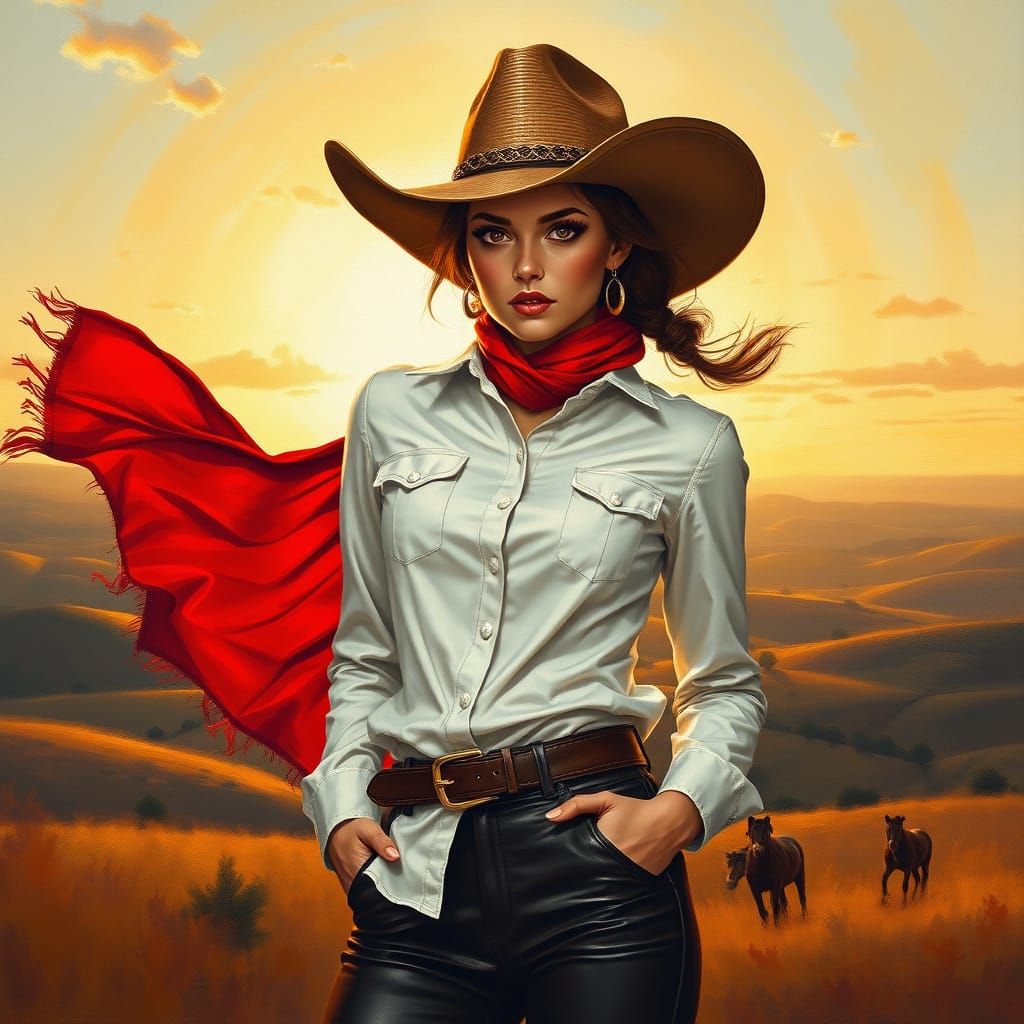 Confident Cowgirl in Oil Painting Style