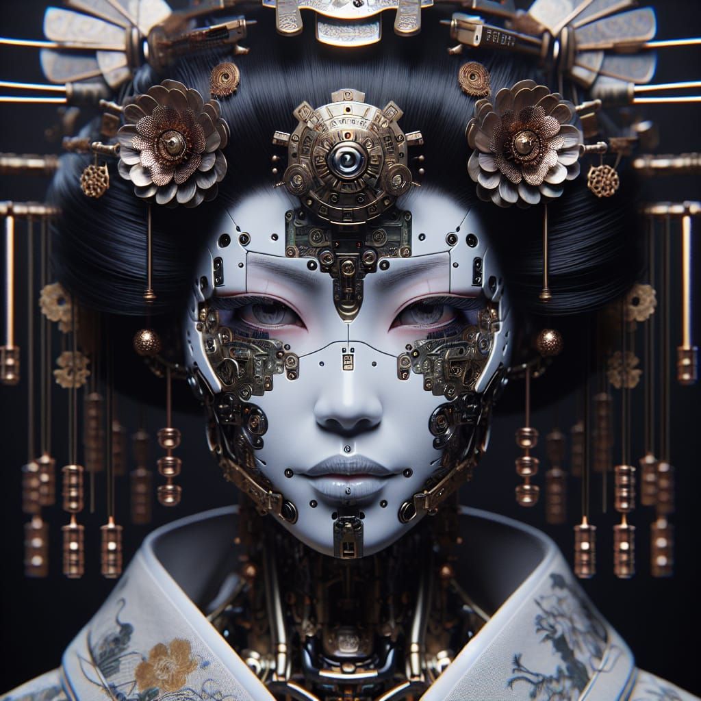 Cyber Steampunk Geisha in Dark, Futuristic Beauty