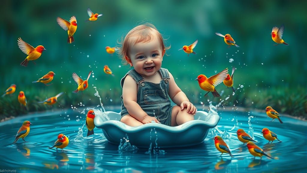Baby Girl's Birdbath Adventure: Hyperdynamic Oil Painting
