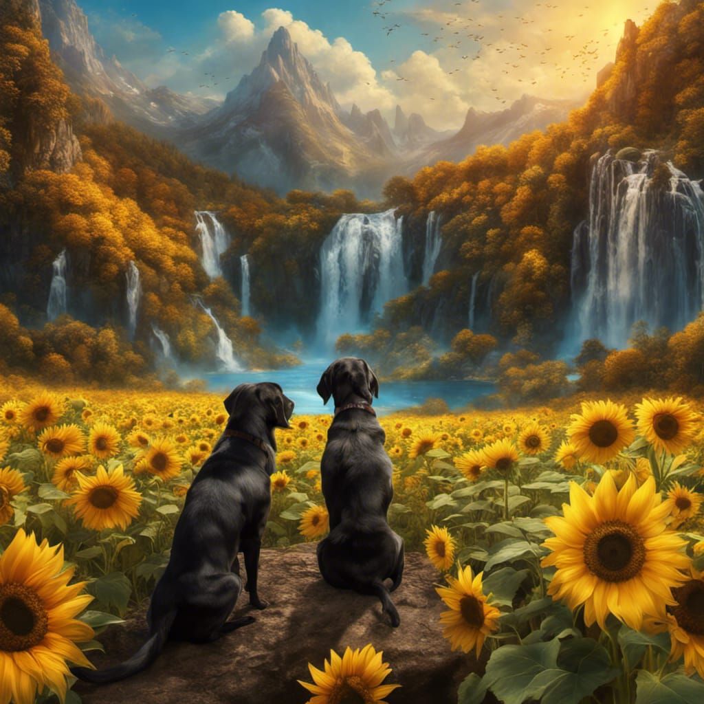 Fantastical Sunflower Landscape with Labrador Retrievers
