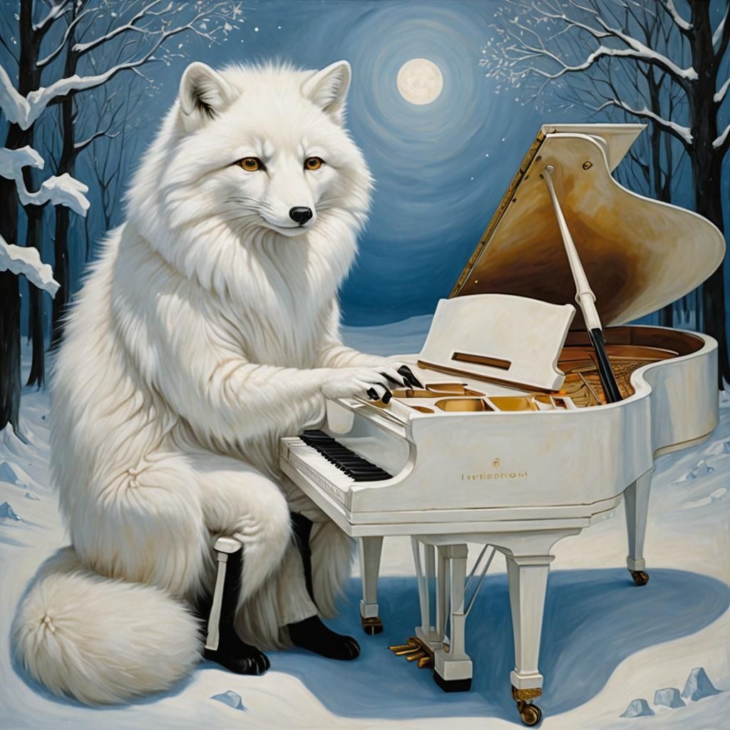 Bridget Nate Bate Tichenor surrealism portrait of John Lennon as an anthropomorphic Arctic Fox with long luxurious white...