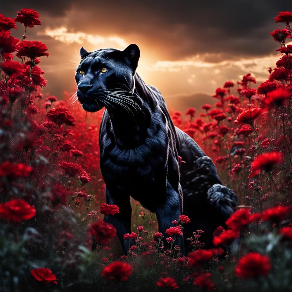 Black Panther in a Field of Flowers