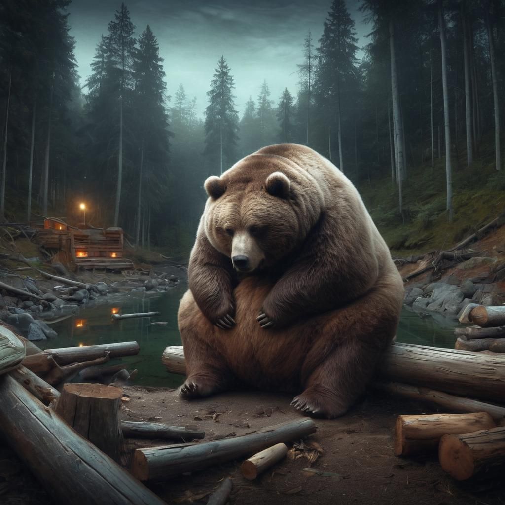 Sad Obese Bear in Dusk Woodlands: Panoramic Photograph