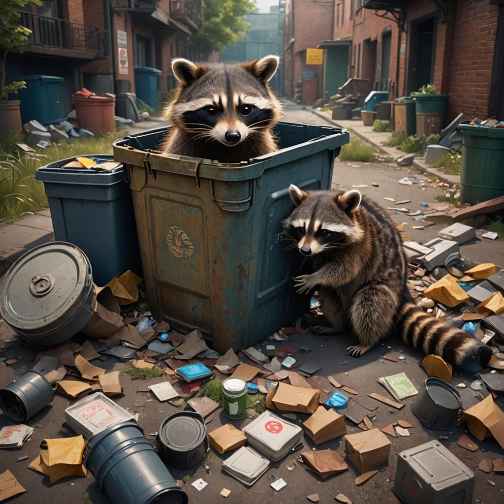 Raccoon Investigates a Garbage Can