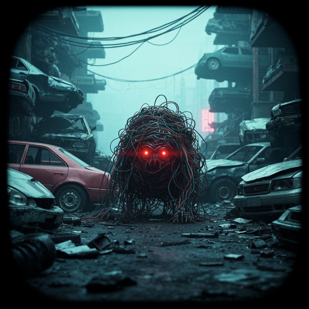 Dystopian Wire Creature in Ravaged Junkyard: Cinematic Film ...