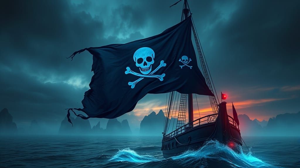 Majestic Pirate Ship's Jolly Roger Flag Unfurls Against Omin...