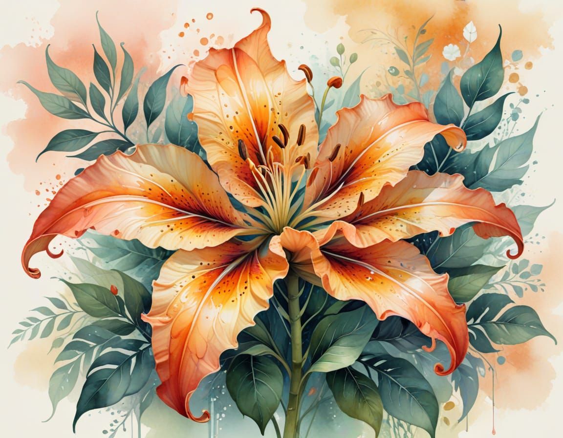 Surreal Watercolor Tiger Lily Blooms with Delicate Fractal P...