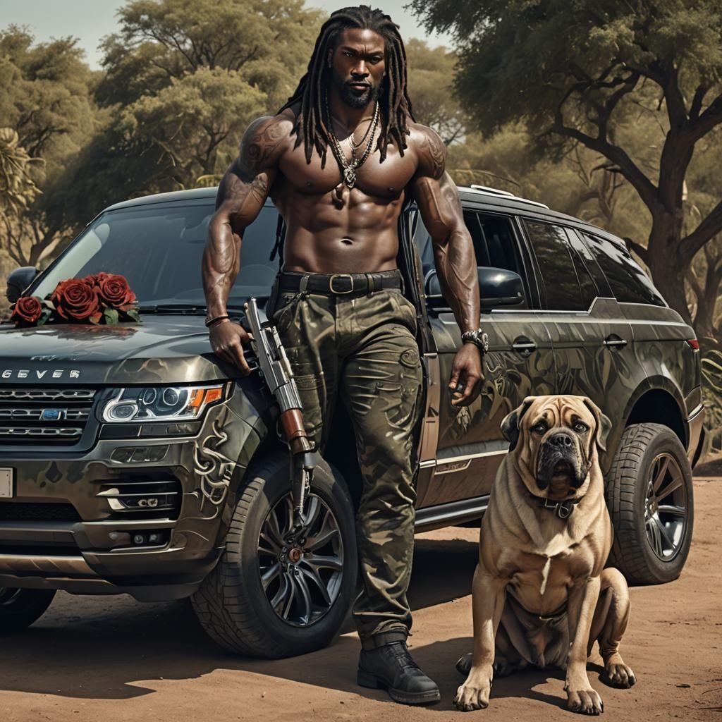 Muscular Man with Mastiff and Chrome Handgun