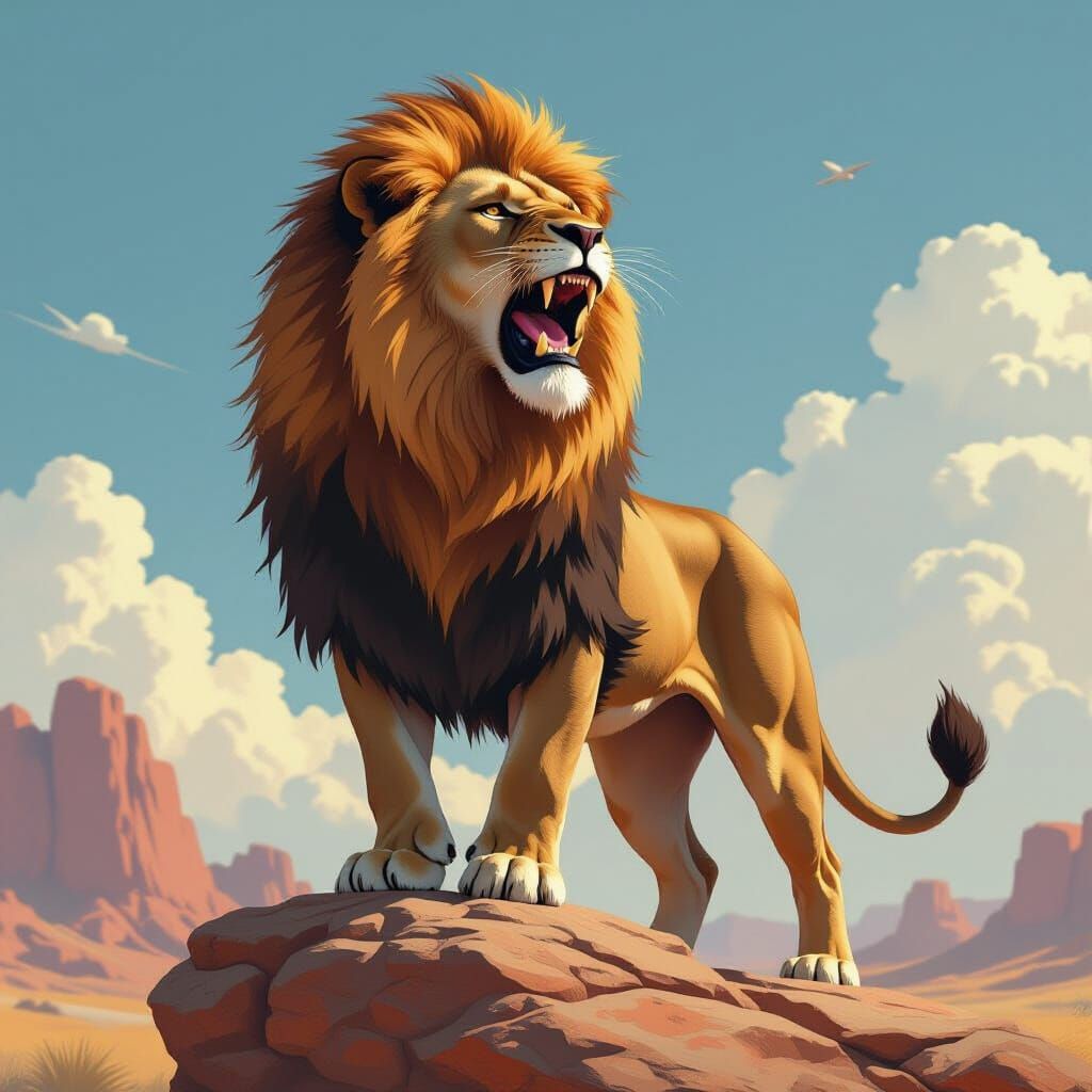 Majestic Lion Roaring on a Rock, Digital Art