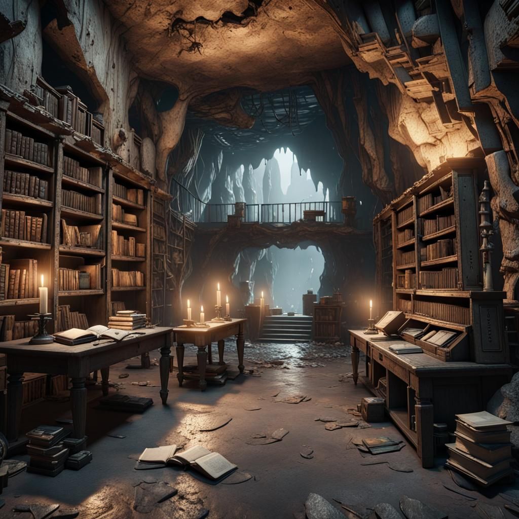 Post-Apocalyptic Cave Library Rendered in Unreal Engine