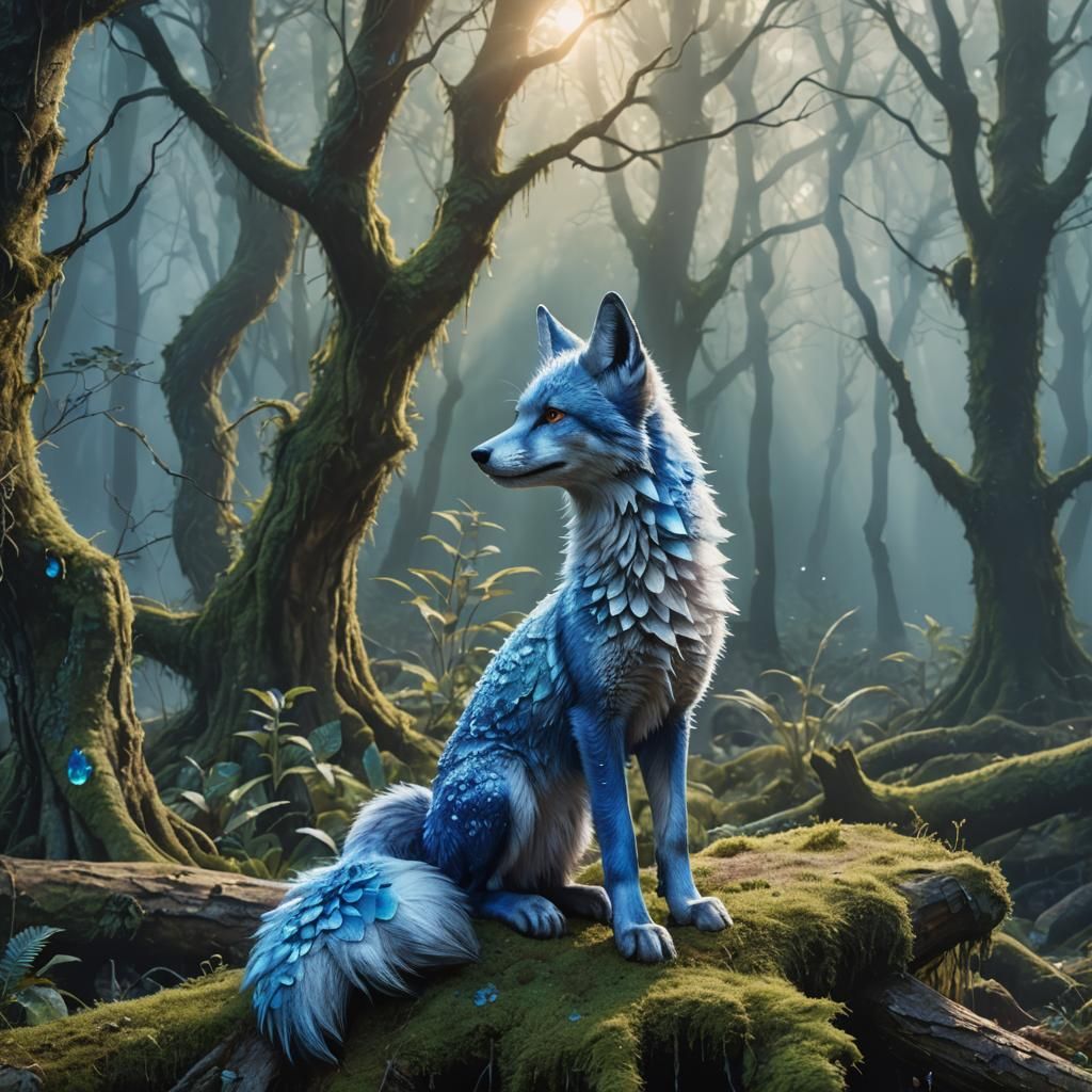 Crystal Blue Fox in Misty Forest: Fantasy Concept Art