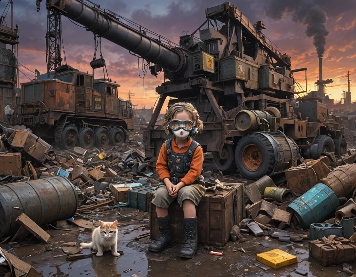Dieselpunk Girl with Cat in Industrial Port Scene