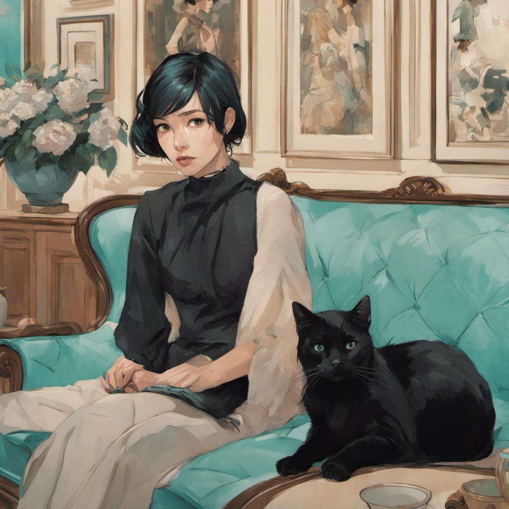 Woman with Black-Aqua Cat in Kawacy and Noto Style