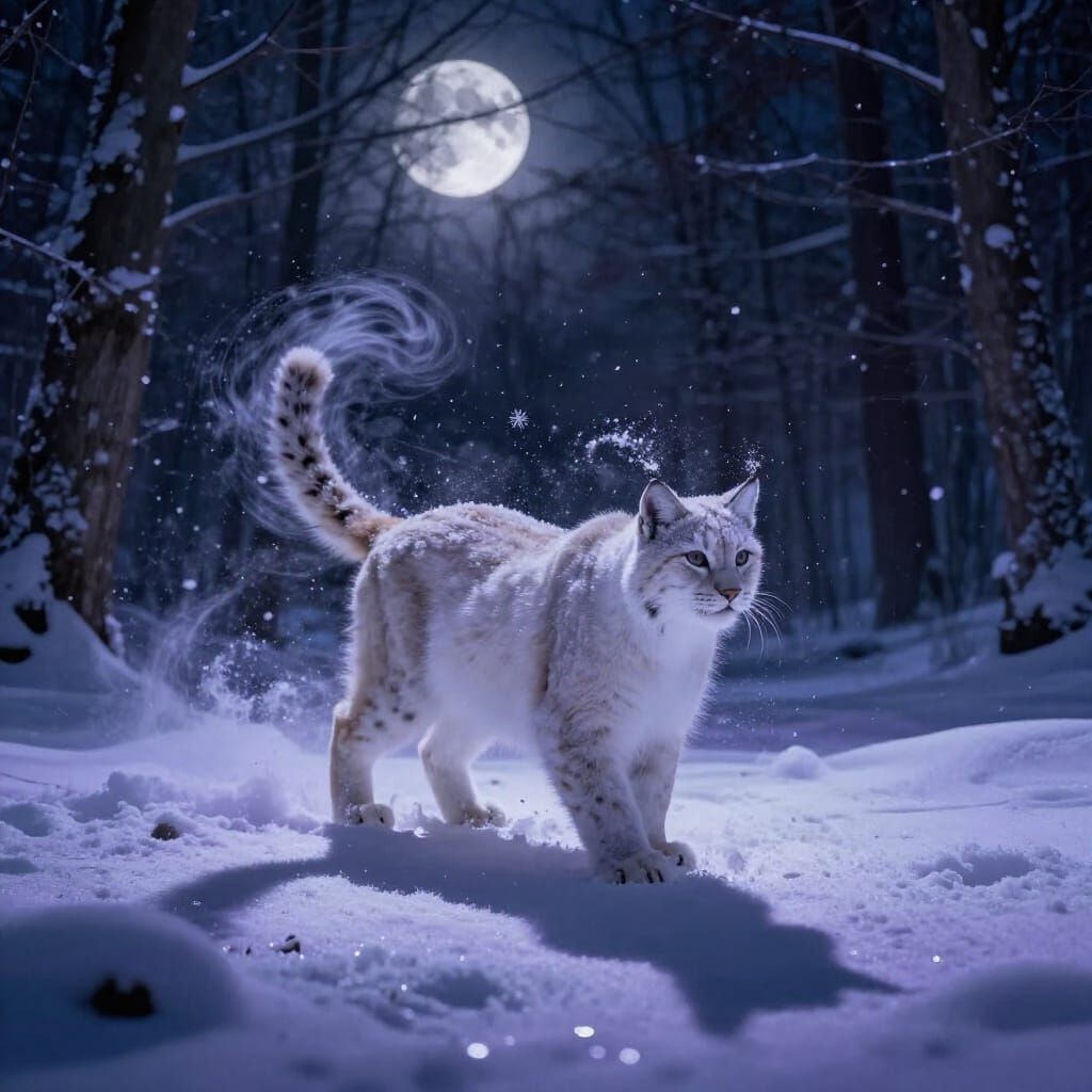 White Lynx Dissolving into Snowflakes in Mystical Forest